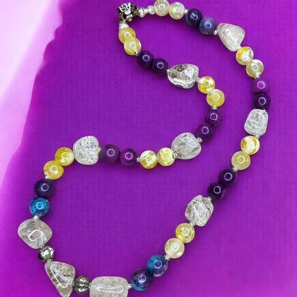 One of a Kind Rain Flower Jade Mattix Turquoise & Genuine Rock Crystal Necklace - Picture 1 of 6